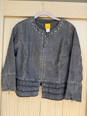 Boxy Jean Jacket Feminine Ruffled Hem Edgy Studded Neckline Washed Black Denim